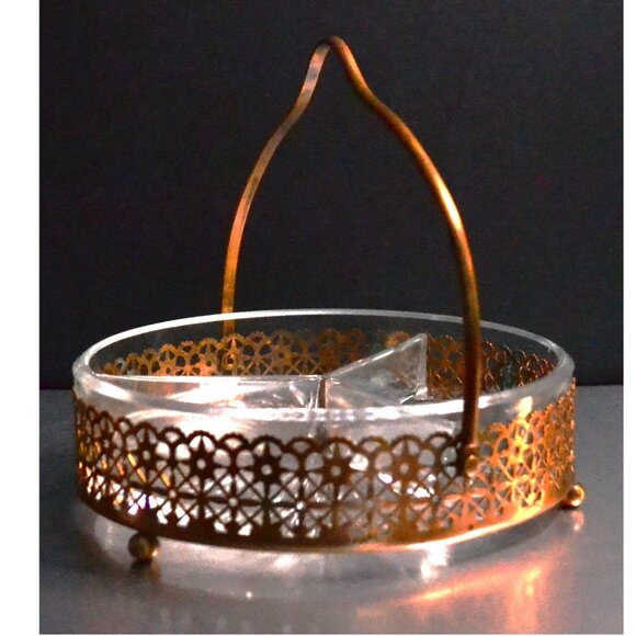 Vintage Copper And Divided Glass Serving Dish With Handle Dining Serveware - Picture 3 of 4